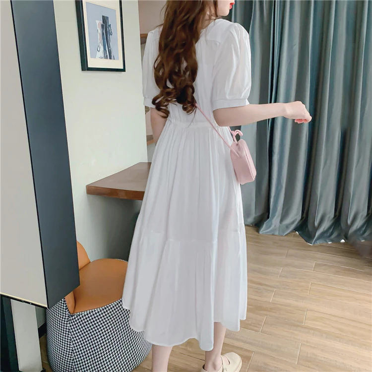 

Houthion Women Dresses Plus Size Chiffon Bohemia Draw Back Solid New Fashion Casual Short Sleeve Dress A-LINE Mid-Calf