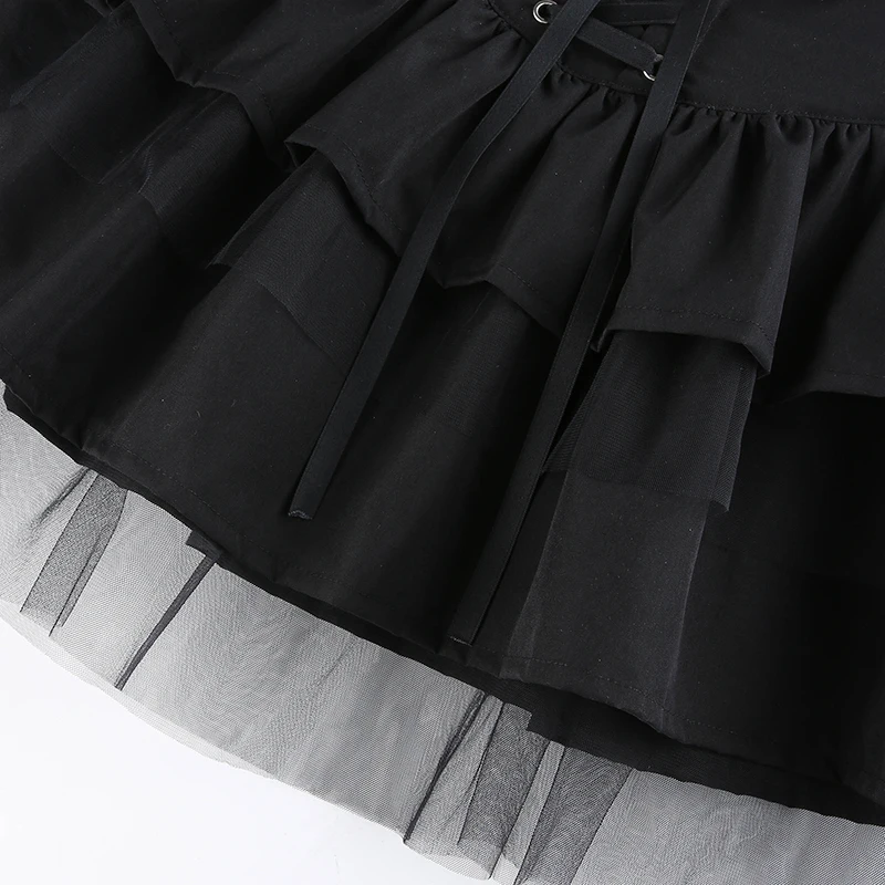 

IAMSURE Gothic Lace Black Pleated Dark Tie Front Hight Waisted Mini Skirts Sweet Girl Casual Streetwear Women 2021 Y2K Aesthetic