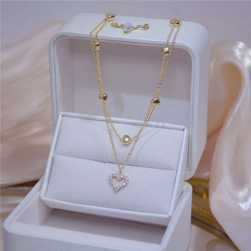 

YIZIZAI 14k Real Gold Double layer Heart Necklace Shining Bling AAA Zircon Women Clavicle Chain Elegant Charm Wedding Pendant