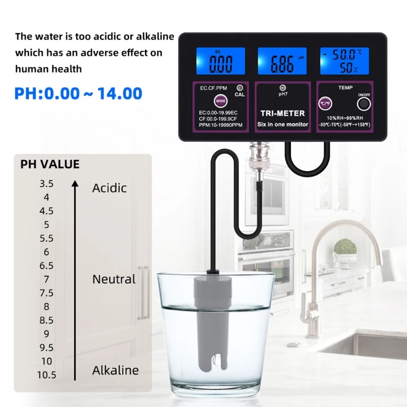 

6 in 1 pH/ ORP/ EC/ CF/ TDS/ Temperature Meter Water Quality Tester for Aquarium Hydroponics Pool Fish Tank