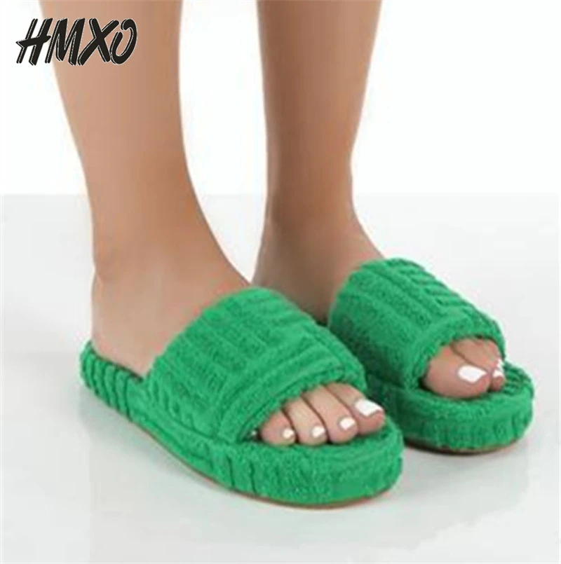 

HMXO Increased Solid Color Slippers Warm Slippers Female Embossed Towel Cotton Slippers Indoor Winter Wear Couple Fur Slippers