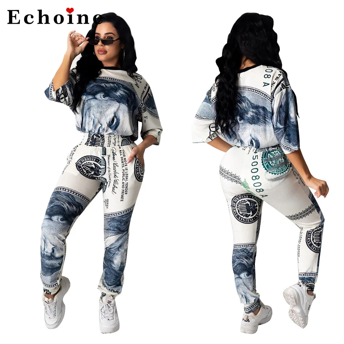 

Женский костюм с принтом в виде доллара, летний комплект из двух предметов, укороченный топ, длинные брюки-карандаш, повседневная одежда для...