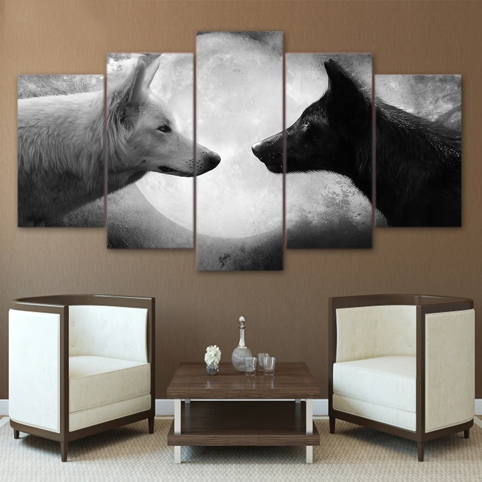

Wolf Poster HD Print 5 Piece Canvas Art Black Wolf White Wolf Moon Painting Canvas Wall Art Pictures For Living Room