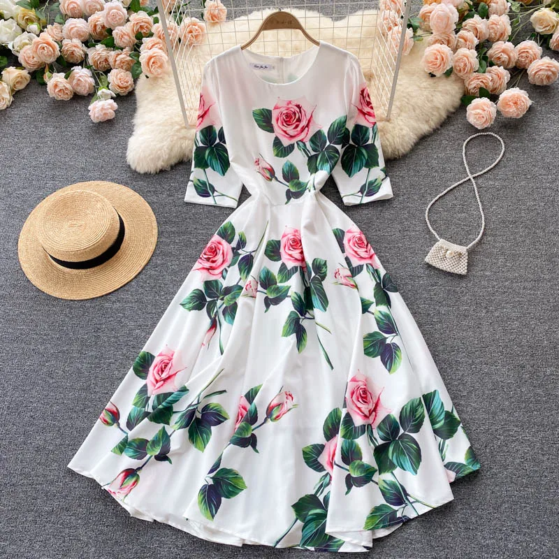 

Summer Bohemian White Floral Midi Dress For Women Vintage O-Neck High Waist A-Line Party Robe Female Casual Vestidos 2021 New