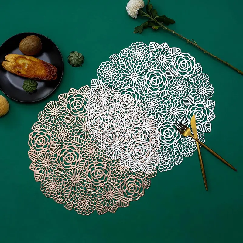 

Placemat Round Hollow Rose Shape PVC Kitchen Party Accessories Coffee Cup Coasters Heat-resistant Non-slip Table Mats 38cm 1pc
