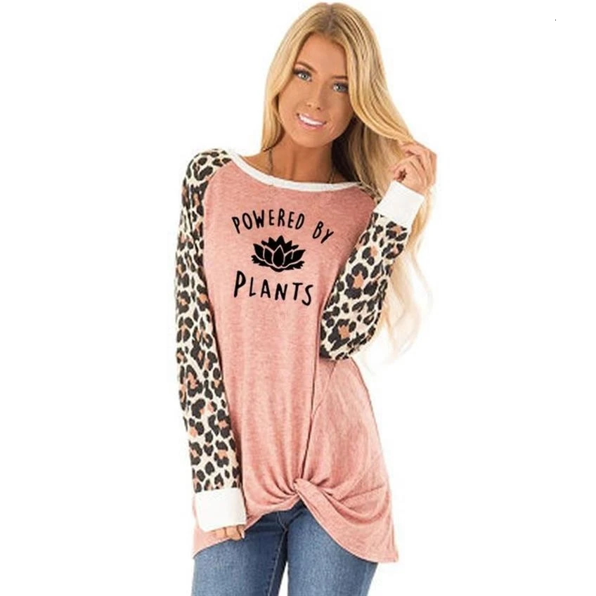 

Fashion Leopard Twisted Long Sleeve T-Shirt T-Shirt For Women Powered By Plants Letters Print Plus Size T-Shirt Female Tops
