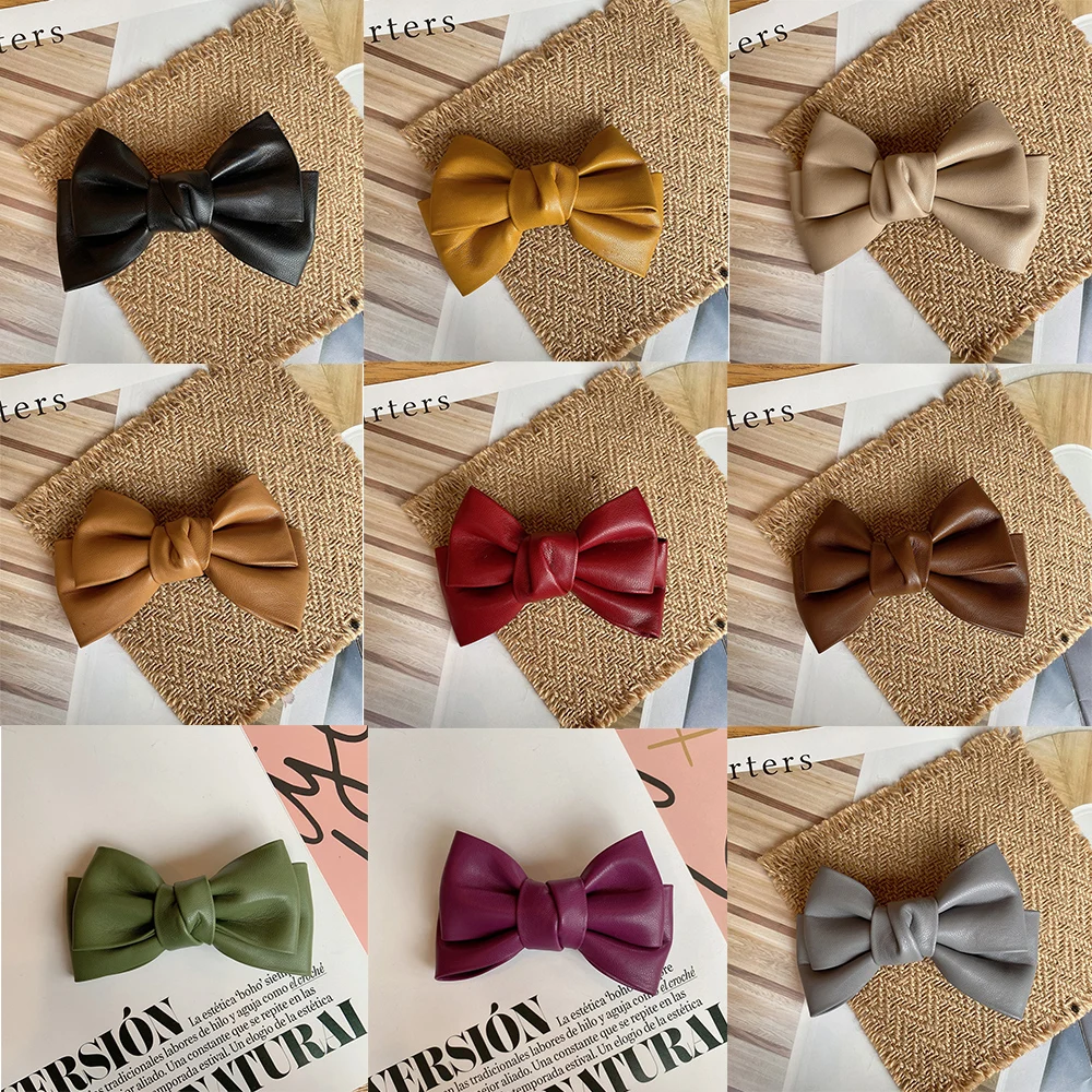 

2021 New Winter Fashion PU Leather Solid Color Bow Hairpin Duckbill Spring Clips Hair Ornament Women Girls Hair Accessories