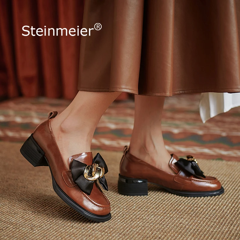 

Women Autumn New Chunky Middle Heel Calf Leather Beige Women Loafers Metal Chain Round Toe British Style Female Shoes 2022