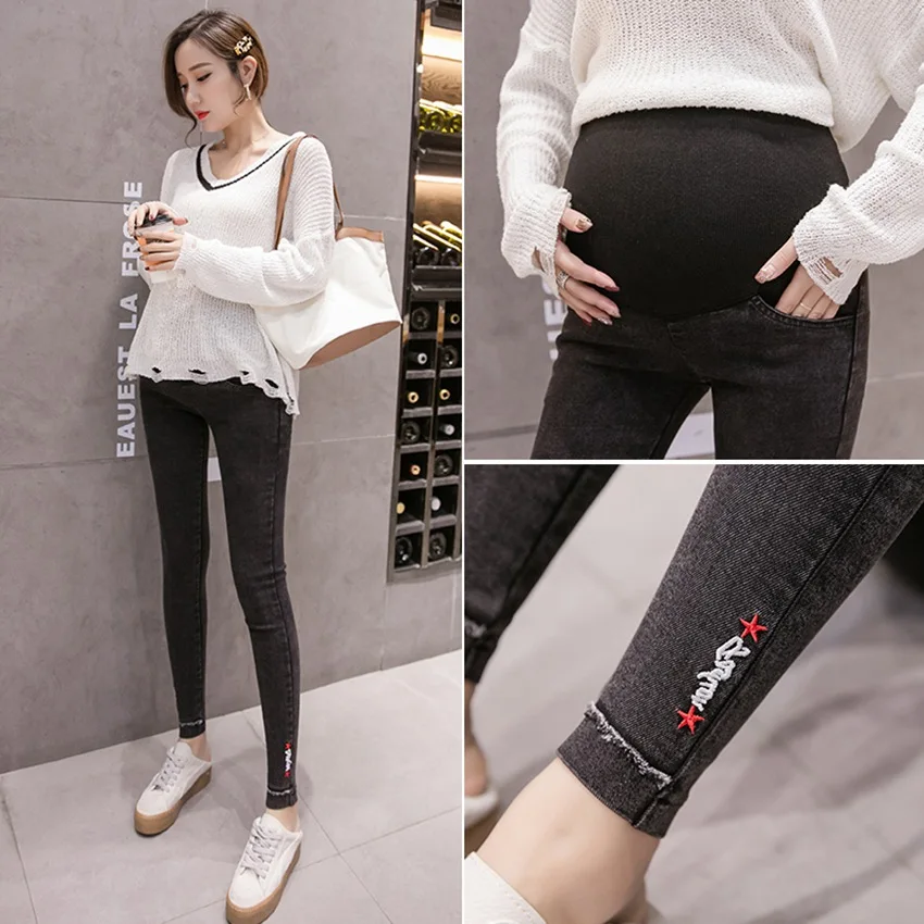 

Pregnant women pants spring and autumn thin section autumn and winter leggings wash water jeans stretch nine points feet trouser