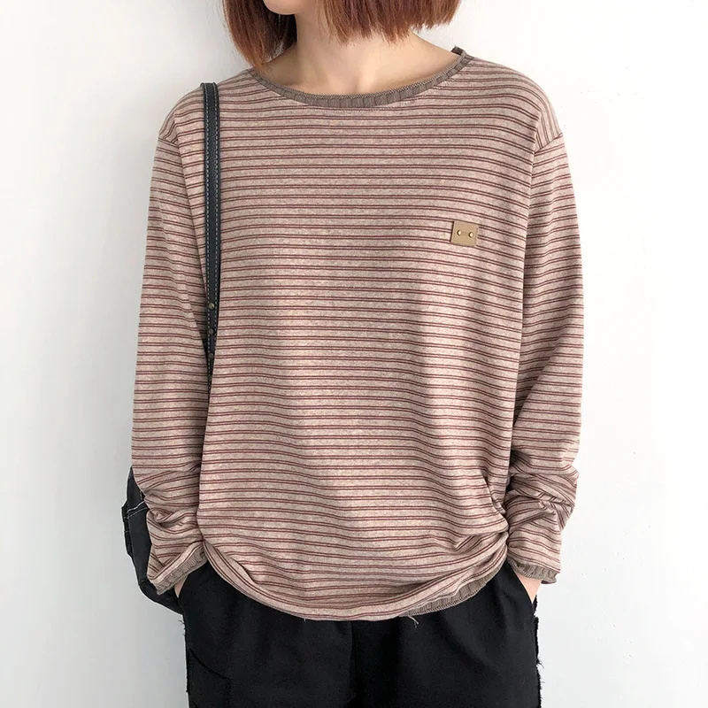 

Long Sleeve t-Shirts Women Stripe Casual Harajuku Loose o-Neck Tees Female Splice Leisure Cotton Tee Shirt Bottoming Tshirt