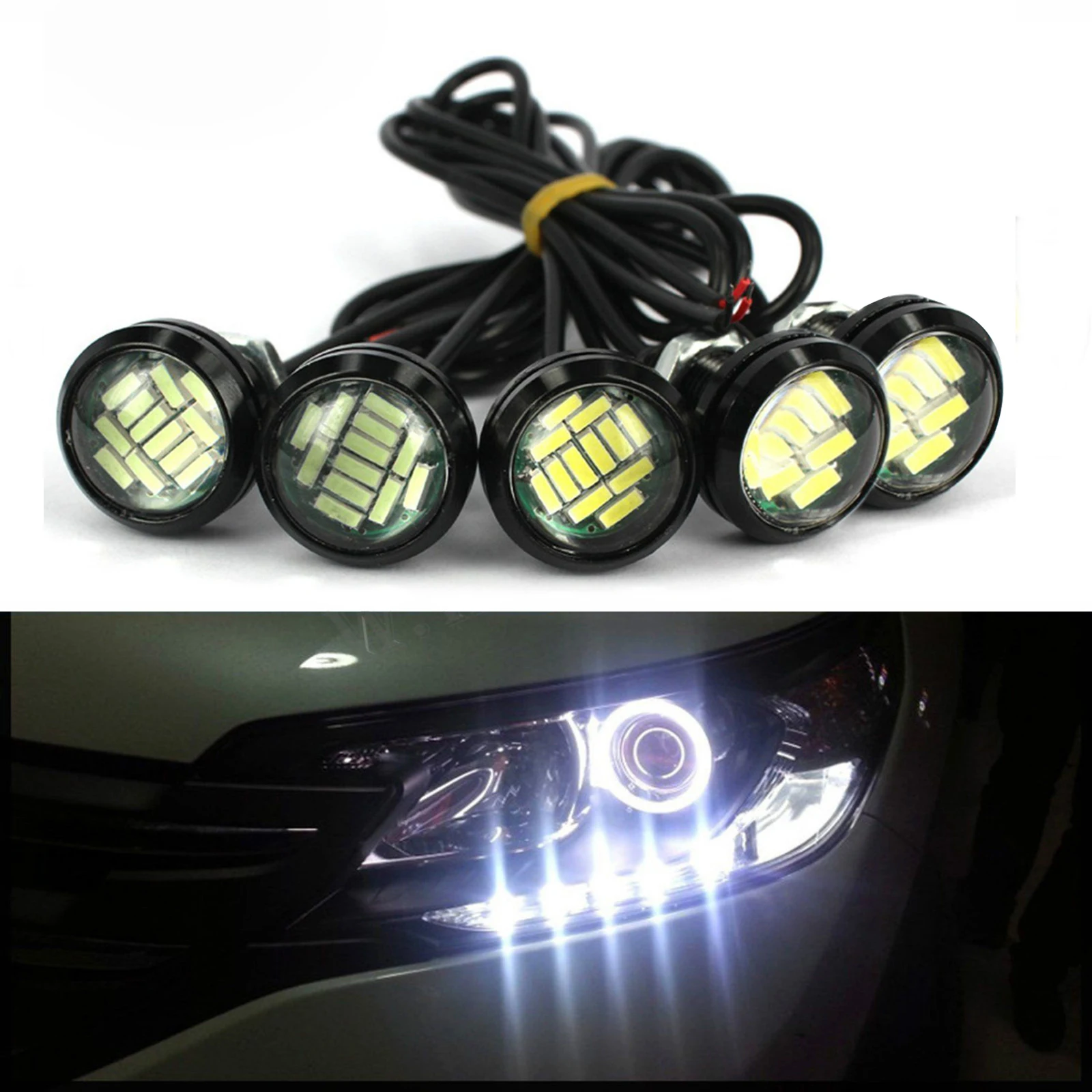 5PCS DC 12V 18W Eagle Eye LED 23mm Hawkeye Reverse Backup Light High Power White Car Fog Round DRL Bulb Parking Signal Lamps