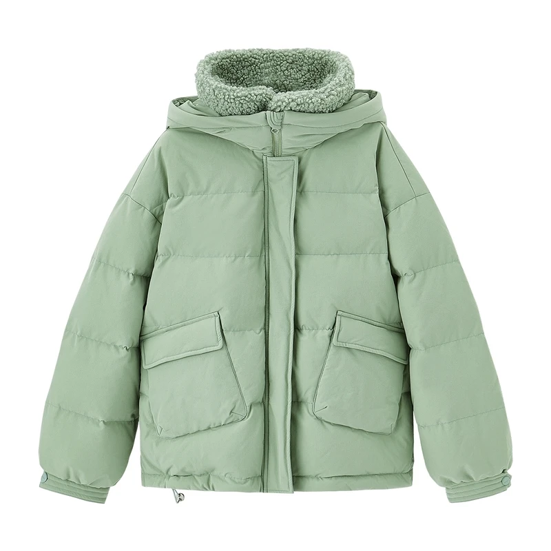 

INMAN Winter Short Standing Collar Hoody Plush Gloove Drawstring Thermal Coat Women's Down Jacket