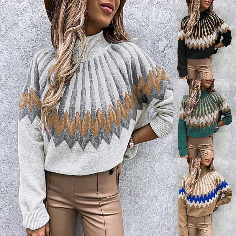 

Women's Printed Turtleneck Long Sleeve Sweater Temperament Commuter Fashion Knitted Top Loose Casual Diamond Pattern Pullover