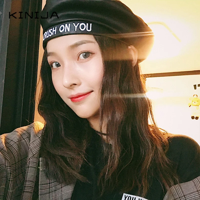 Харадзюку вышитый буквенный берет из искусственной кожи Женская Ретро шляпа на