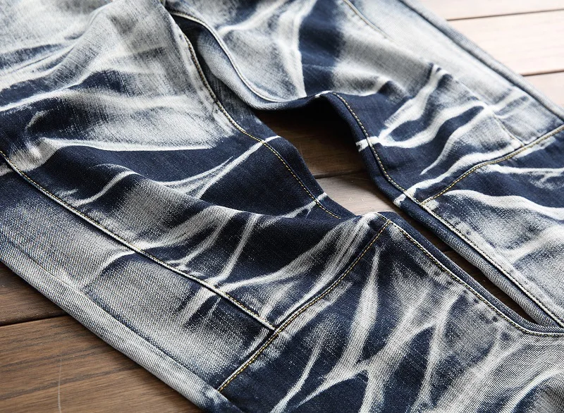 

New Autumn Men Straight Denim Jeans Moto Biker Style Patchwork Jean Pants Large Size Men Cotton Denim Jeans Size 4XL No belt