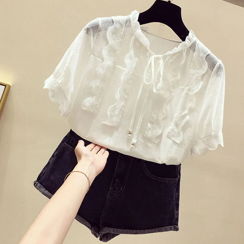 Женская шифоновая блузка с кружевом однотонная тонкая Свободная коротким