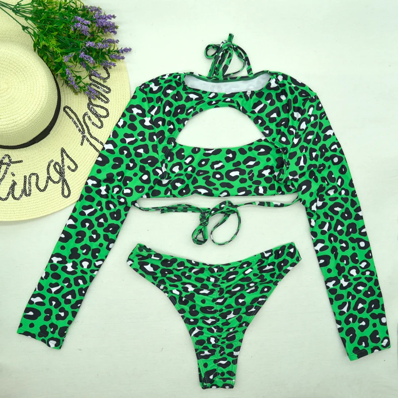 

2021 Leopard Bikini Women Push Up Swimsuit Women Green Printed Swimwear Long Sleeve Biquini Summer Swim Beachwear