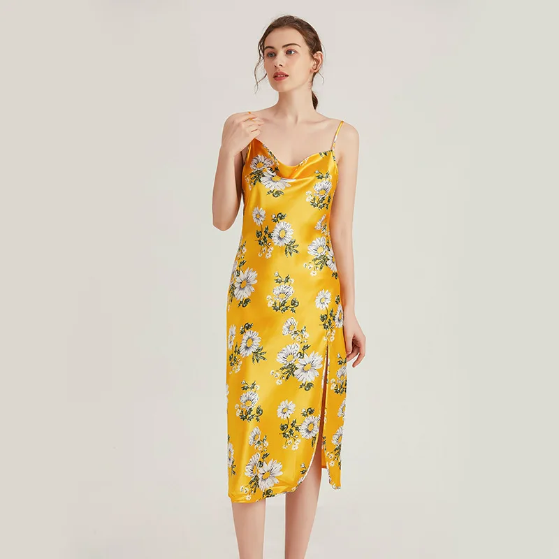 

Женская ночная сорочка из искусственного шелка, с разрезом, до колена