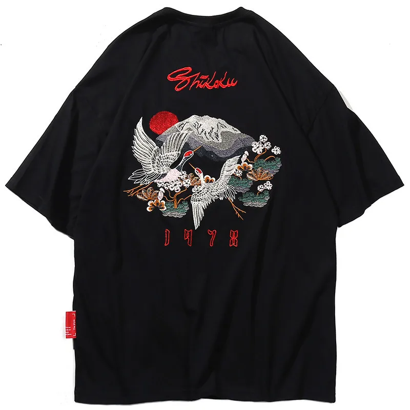 

Hip Hop T Shirt Men 2021 Harajuku Embroidery Crane T-Shirt Streetwear Japanese Style Fashion Kanji Tshirt Casual Tops Tees Black