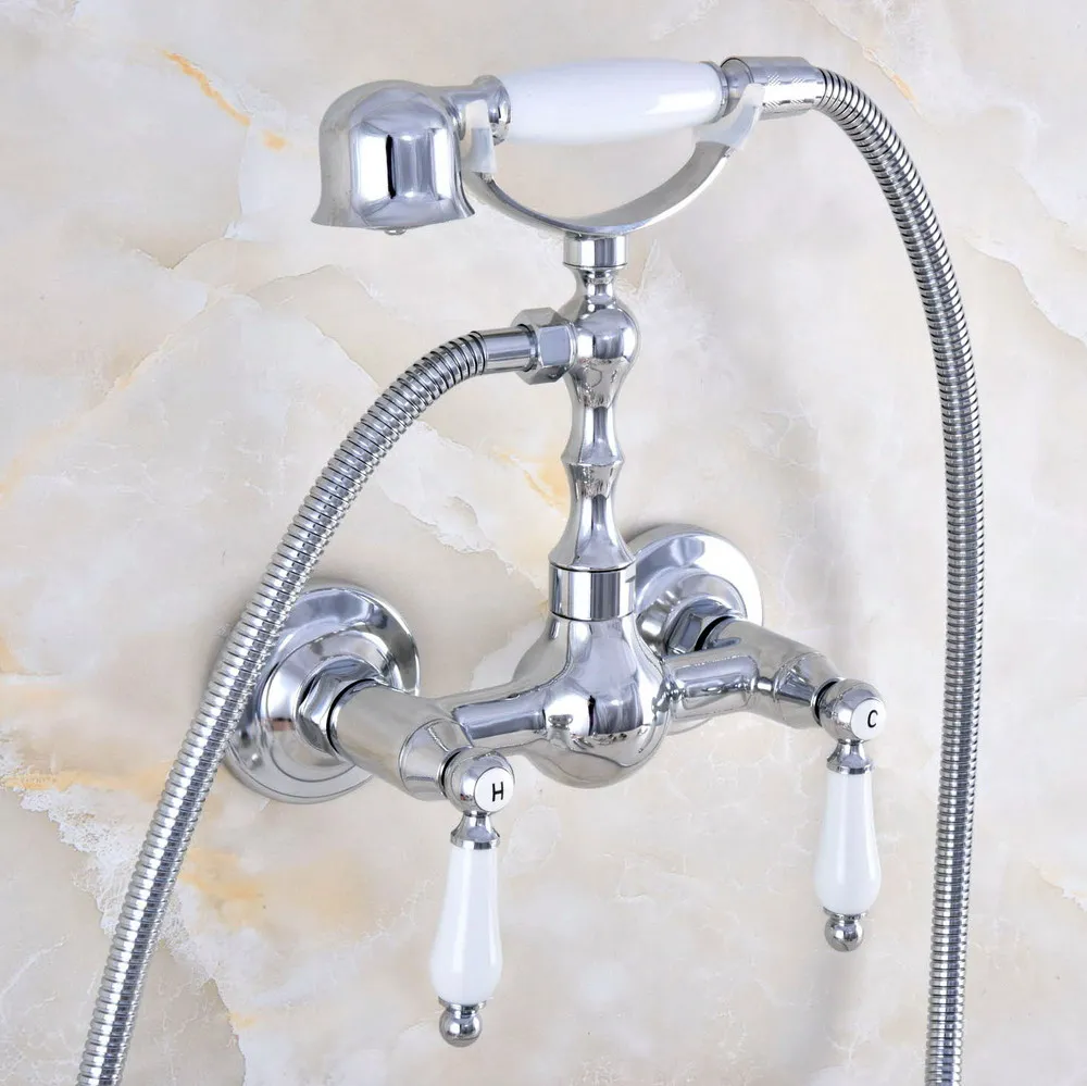 

Полированный хромированный латунный смеситель с двойной ручкой/отверстием, настенный смеситель для ванны с резьбой + шланг 1,5 м, смеситель ...