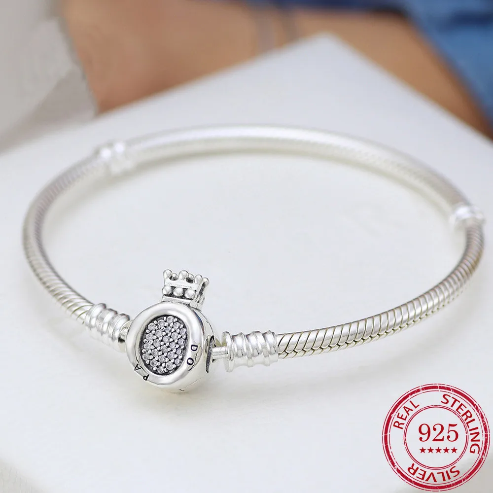 

New 100% 925 Sterling Silver Moments Crown O Snake Chain Charm Bracelet Fit pandora Charms Diy Women Jewelry Making