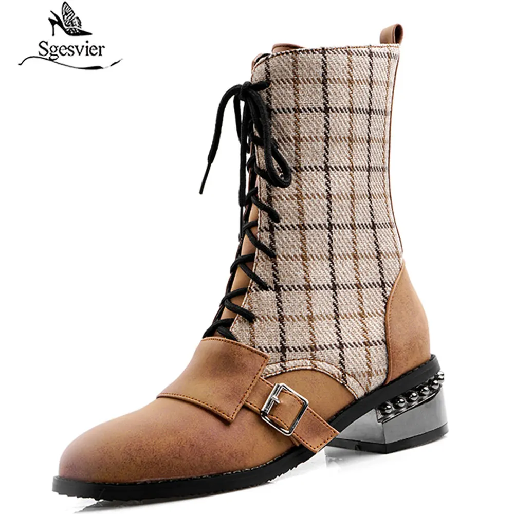 

Sgesvier INS women Ankle boots Plus size 32-48 outdoor short boots autumn winter boots velvet Plaid stitching Martin boots G643