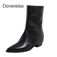 dovereiss fashion boots winter 2022 sexy genuine leather zipper pointed toe off white brown block heels short boots size 33 40
