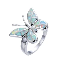 popular silver plated 3 colors opalite opal butterfly shape finger ring for elegant women jewelry