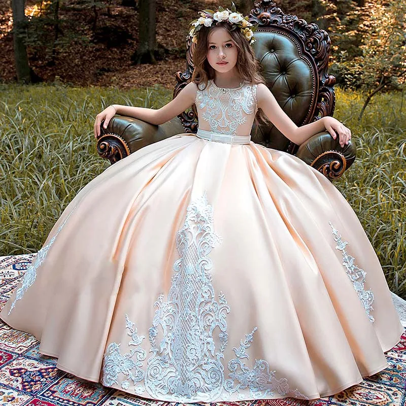

Flower Girls Dresses Lace Sleeveless Kids Party Gowns Jewel Neck Kids Formal Wear Tiered Skirt Appliqued
