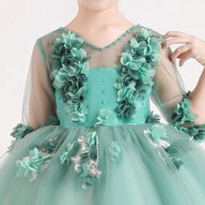 

Flower Girls Dresses Illusion Half Appliques Beading Tulle Lace V-Neck Knee-Length Soybean Pink Kids Party Princess Gown F314
