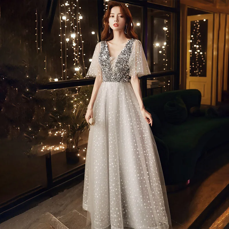 

Sequins Deep V-Neck Evening Dress Pleat Empire Short Sleeves A-Line Sexy Floor-Length Tulle New Woman Formal Party Gowns A957