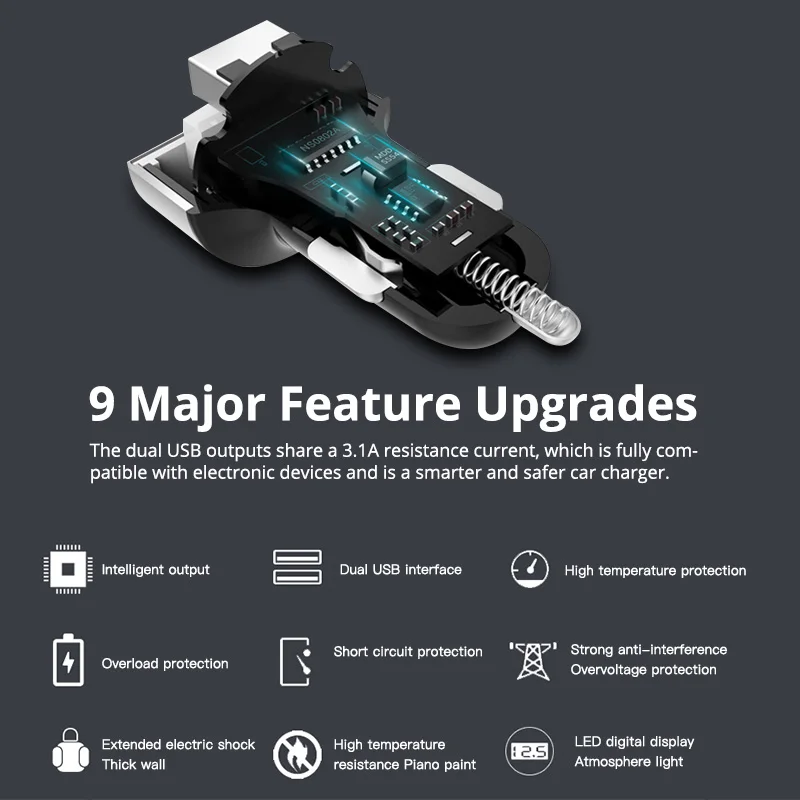 3.1A 5V Dual USB Автомобильное зарядное устройство со светодиодным дисплеем