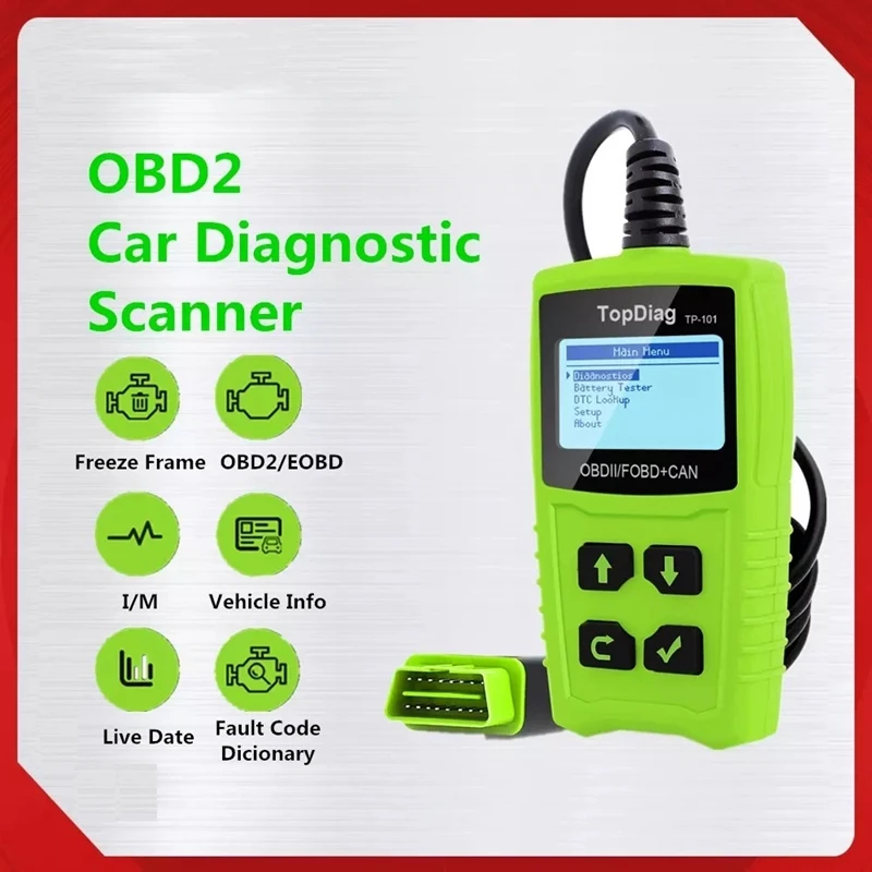 

Obd2-сканер TopDiag TP101 для считывания кодов автомобиля, диагностический инструмент, 2 в 1 тестовый анализатор батареи, считывание чистого кода не...