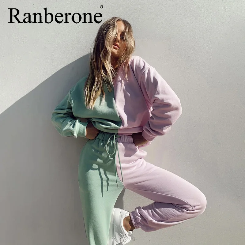 

Женский свободный однотонный Свитшот Ranberone с длинным рукавом, брюки, повседневный спортивный костюм, костюм на весну и осень