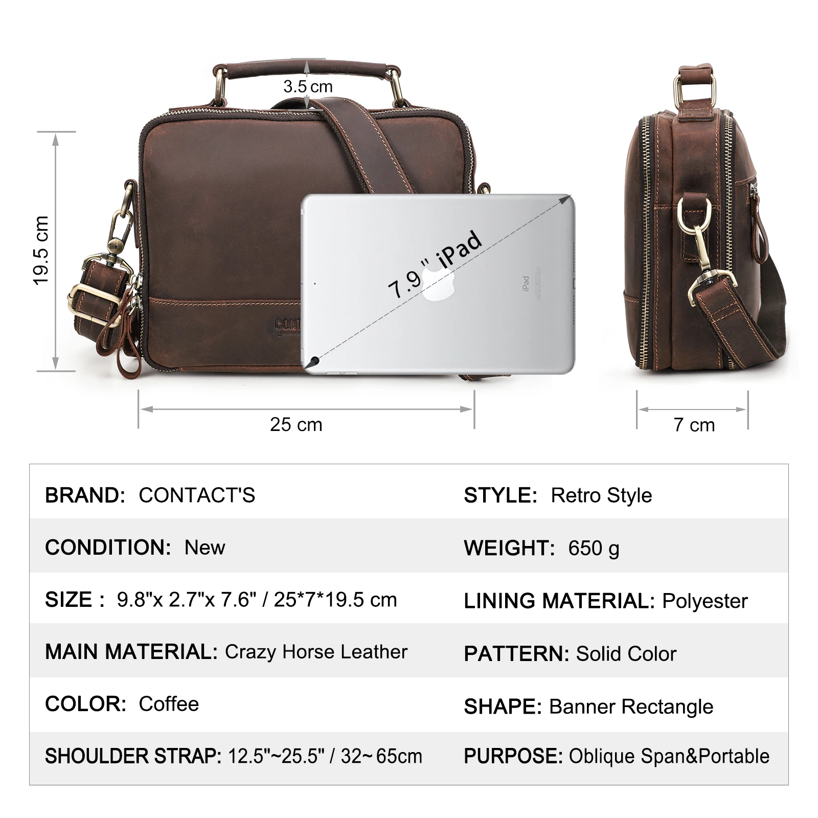 Crazy Horse Leather Fashion Casual Business Briefcase Bag For Men Messenger Bag Male Document Tote Portfolio 7.9 inch Handbag