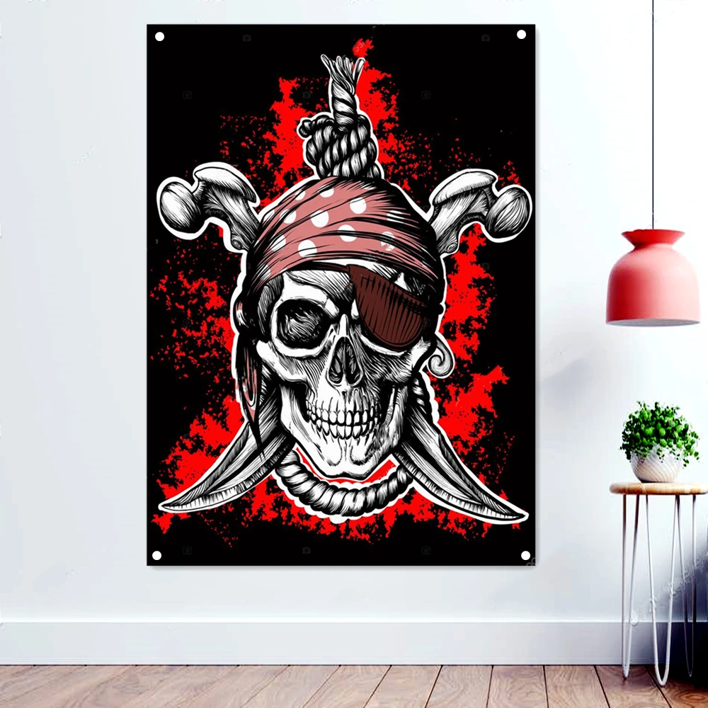 

Jolly Roger Poster Wall Art Pirate Symbol Flag Home Decoration Skull Crossed Daggers Banner Wall Hanging With Four Metal Buckle
