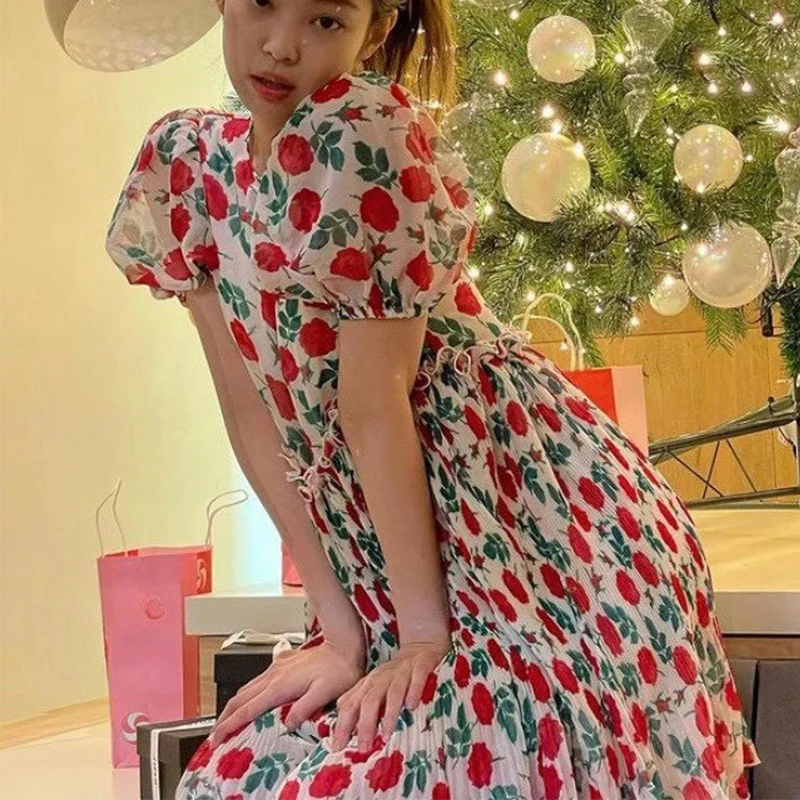 

Elegant Robe Mini Ruffle Puff Sleeve Floral Print Dress Round Neck Pleated Flowers Vintage Robes 2021 Retro Dress Femme Chic