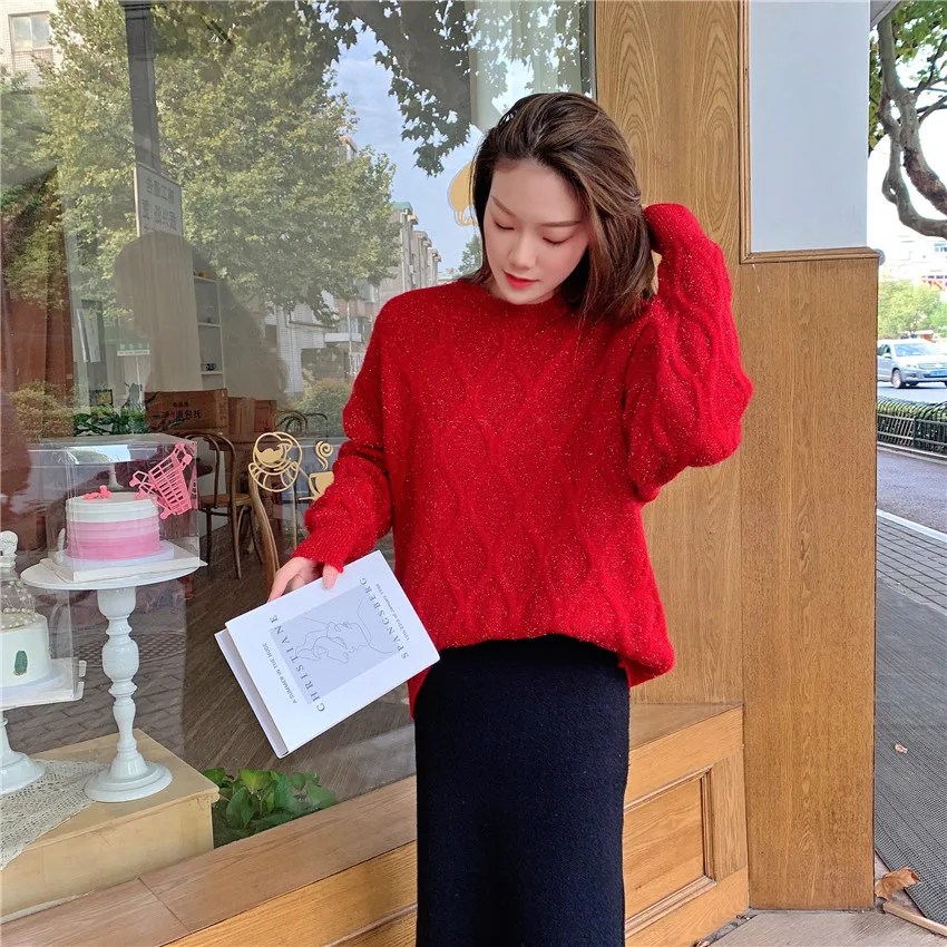 

Casual women's sweater 2020 autumn and winter new bright silk thick loose outer wear lazy wind thin twist knitted top