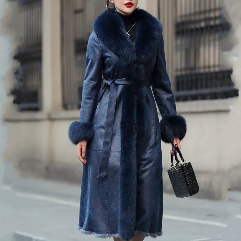 

Office Ladies Luxury Real Rabbit Fur Coat Women Elegant Shearling Overcoat Sashes Fox Fur Collar Genuine Leather Long Jackets