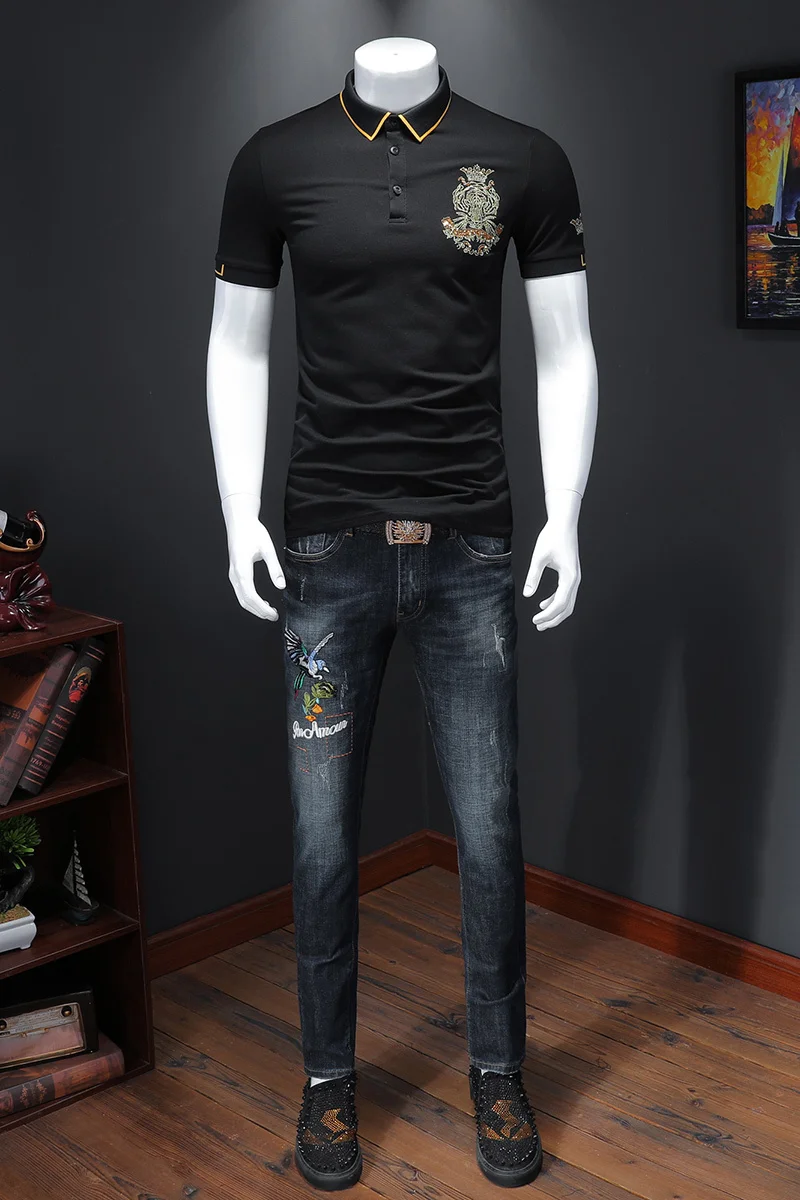 Модная вышивка Camisa отложной воротник Высокое качество Мужская одежда тренд Поло