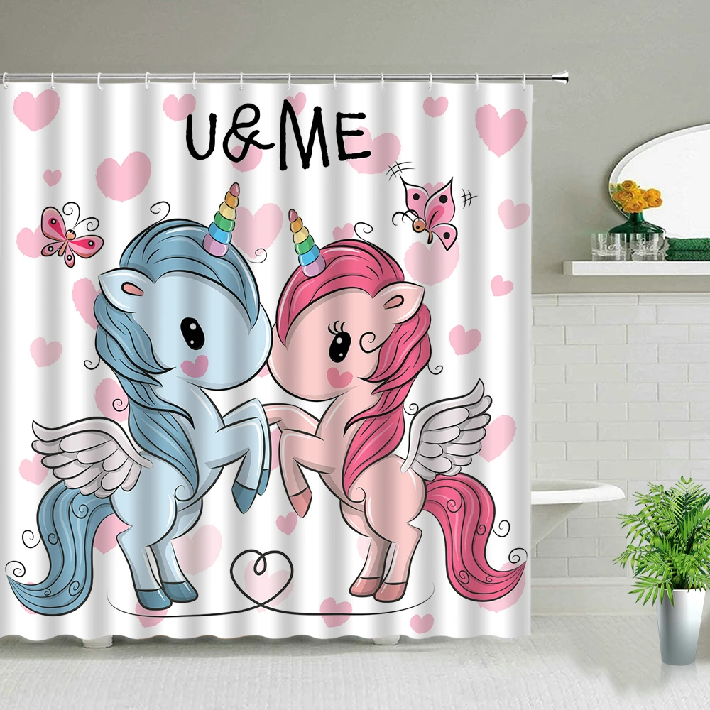 

Lovely Unicorn Shower Curtains Fun Cartoon Animal Rainbow Butterfly Kids Baby Bathroom Decor Bath Curtain Set Waterproof Fabric
