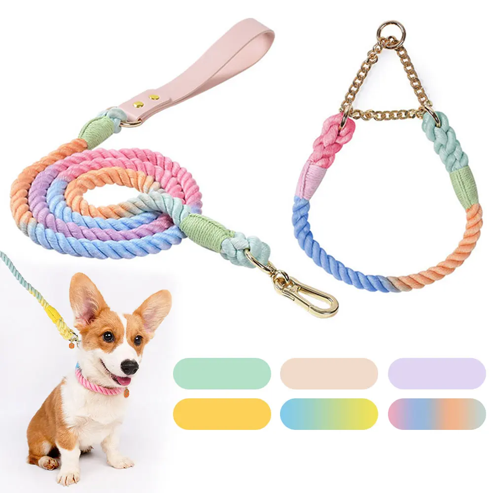 

Pet Supplies Cat Puppy Accessories Gradient Color Braided Rope Dog Collar P Metal Chain Adjustable Pet Collar Dog Walking Leash