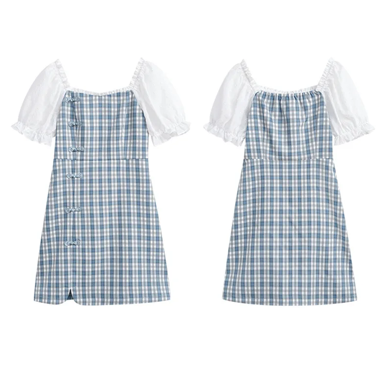 

Summer Dress Female Patchwork Casual Women's Dresses Ruffles Short Sleeve Plaid Beach Dress Woman Dresses Summer 2021 Ladies