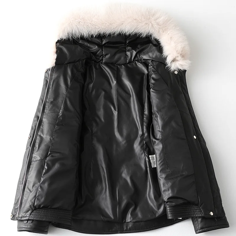 Fall Fashion Fox Collar Hooded Leather Down Jacket Women Casual Sheepskin Coat Winter Warm Thick High Quality Genuine Fur Jacket
