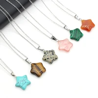 40cm natural five pointed star shape agates epidote rose quartzs stone pendant necklace for women jewelry gift size 20x20mm