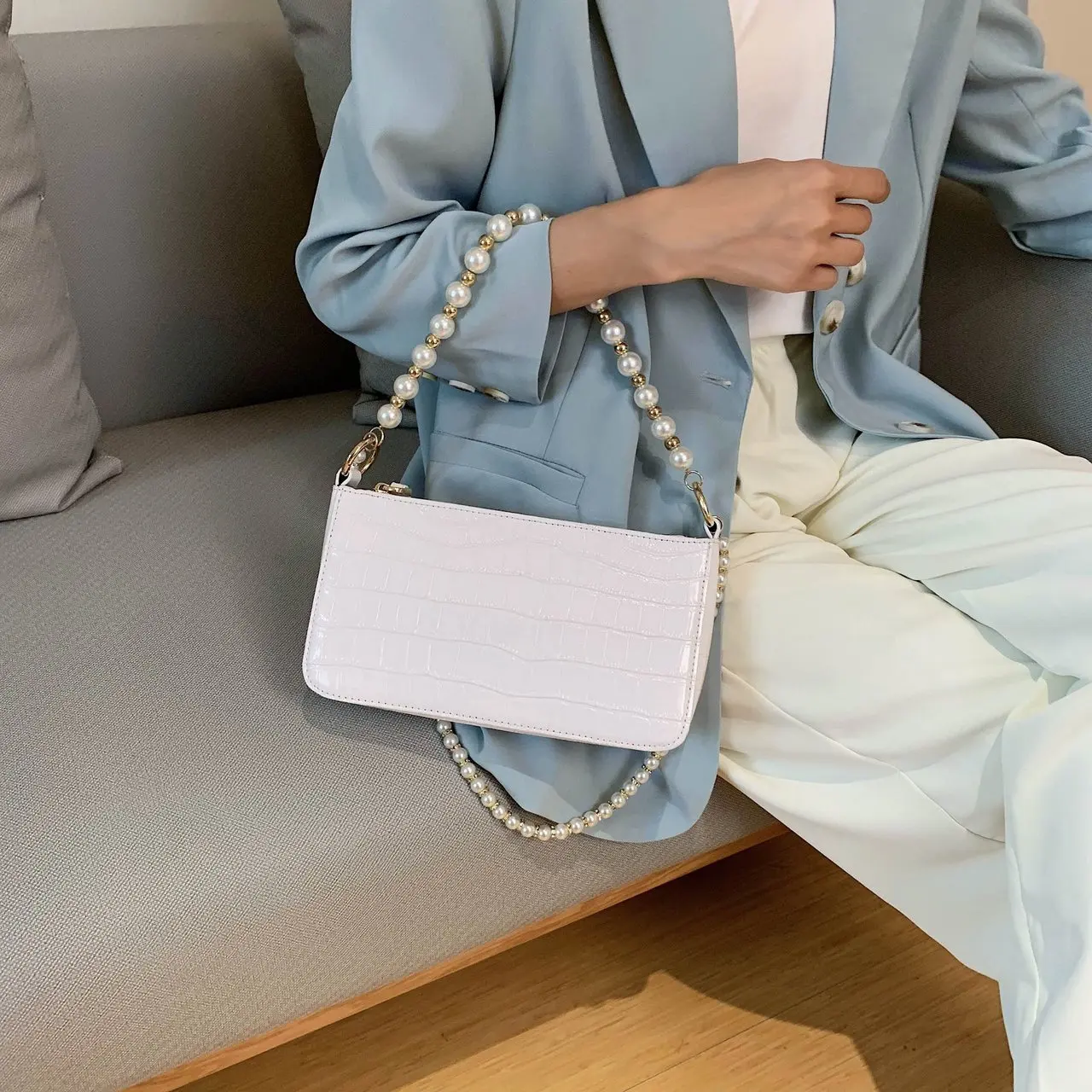 Женские сумки через плечо из искусственной кожи с каменным узором и жемчугом