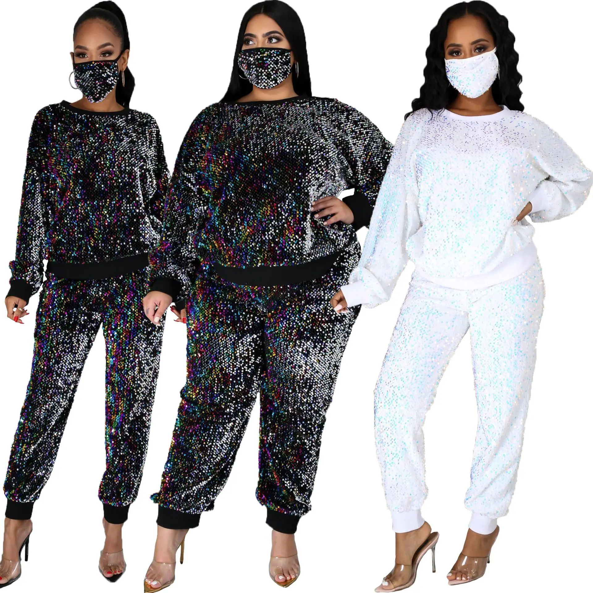 

FNOCE 2020 winter new women's sets tracksuits fashion trends sequined sexy patchwork long sleeve o-neck tight pants 2-pc suits