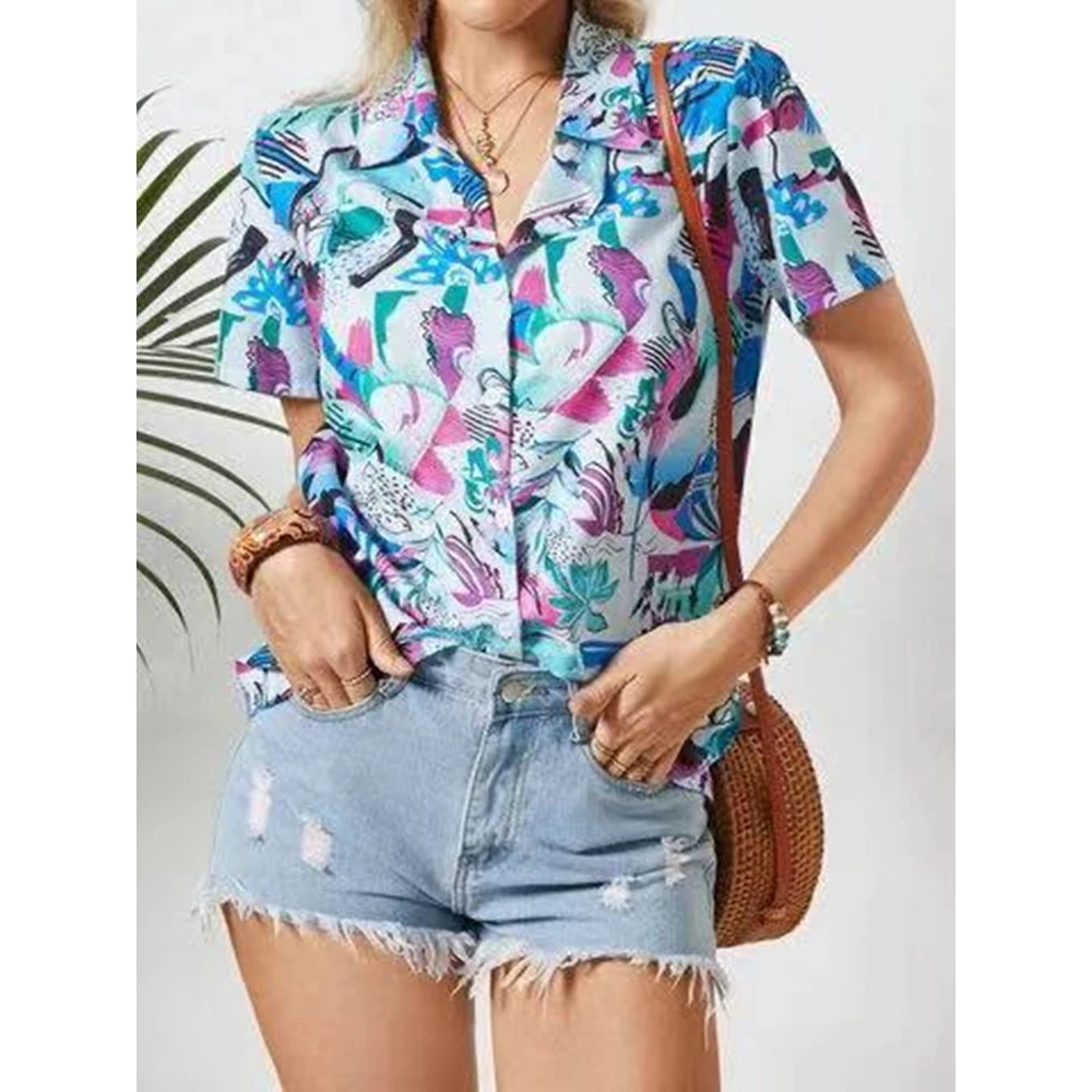 New Good Quality Factory Price Fashion Hot Selling Women's Multicolor Digital Printing Casual Short-Sleeved Lapel Shirt | Женская