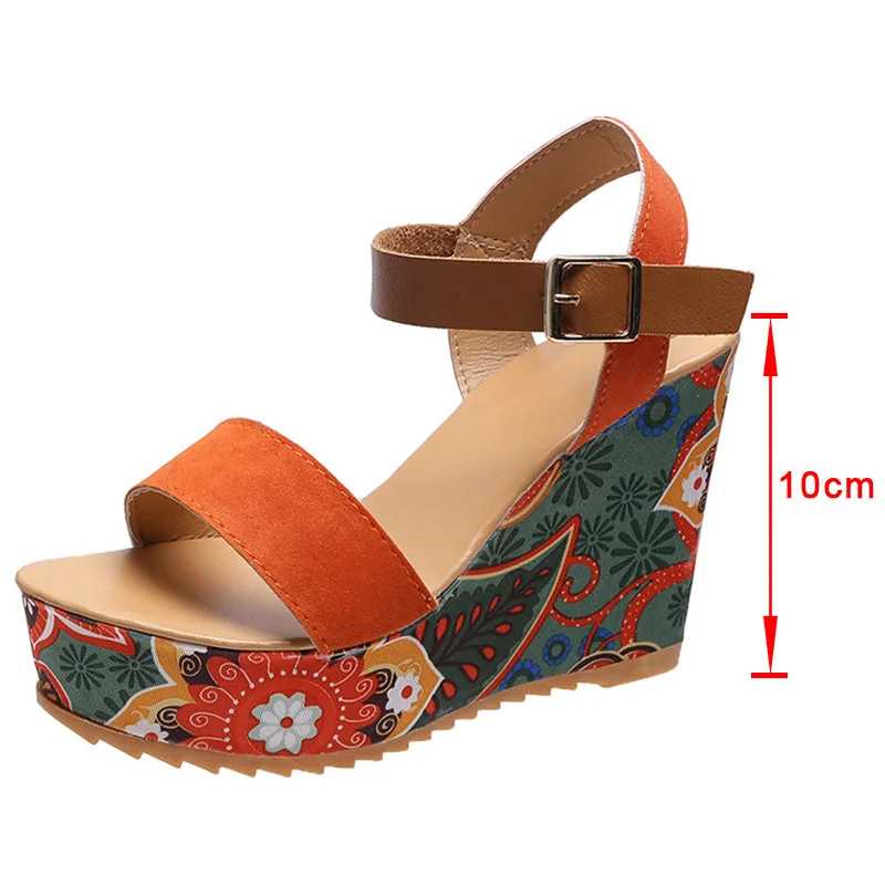 

Women Sandals Shoes Printing Slope Heel High Waterproof Platform Ladies Ankle Strap Female Round Toe Summer Fashion Colorful