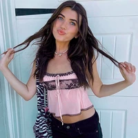 sexy lace pink crop tops y2k aesthetic 90s tie up frill ruffles sleeveless camis top tee high streetwear summer womens clothes